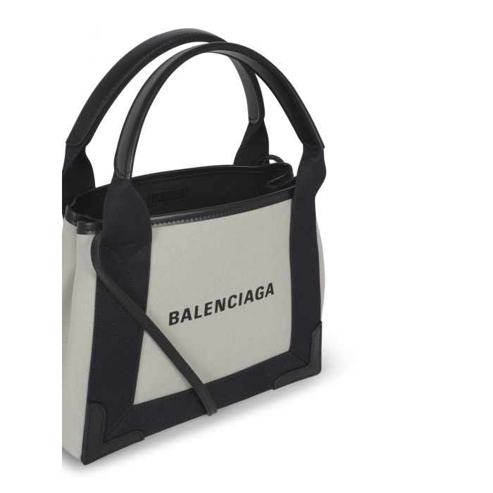 BALENCIAGA - Navy XS black calfskin and light beige cotton canvas tote bag