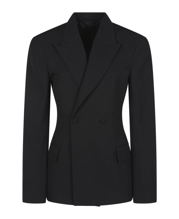 Round Shoulder Fitted Waist Jacket in black dry wool twill