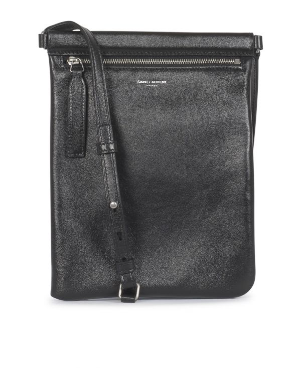 Flat bag with adjustable leather shoulder strap and embossed Saint Laurent logo