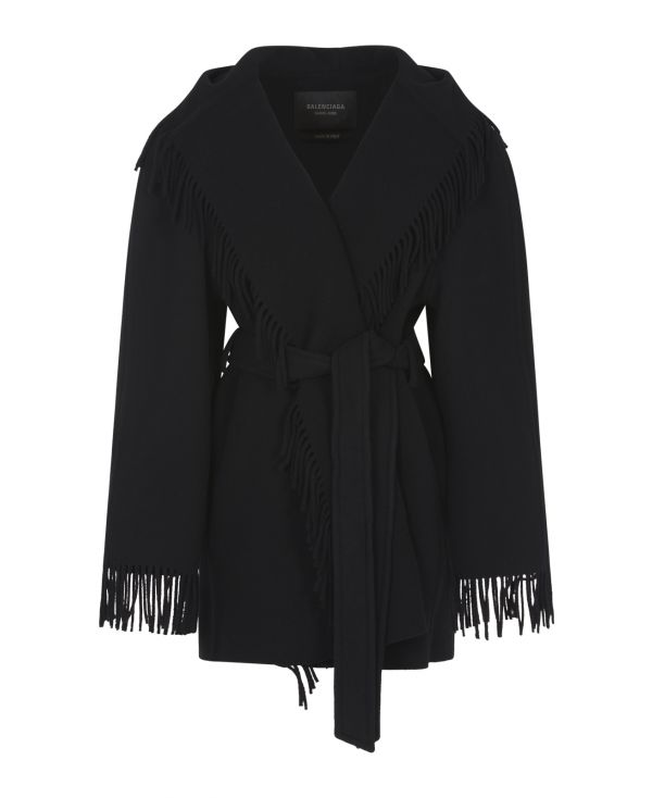 Black brushed wool fringed coat