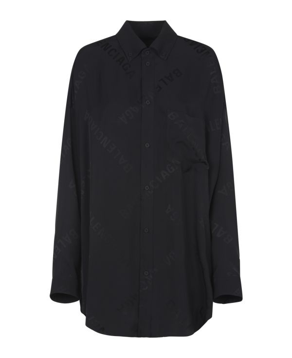 Camisa negra viscosa con logo all-over jacquard
