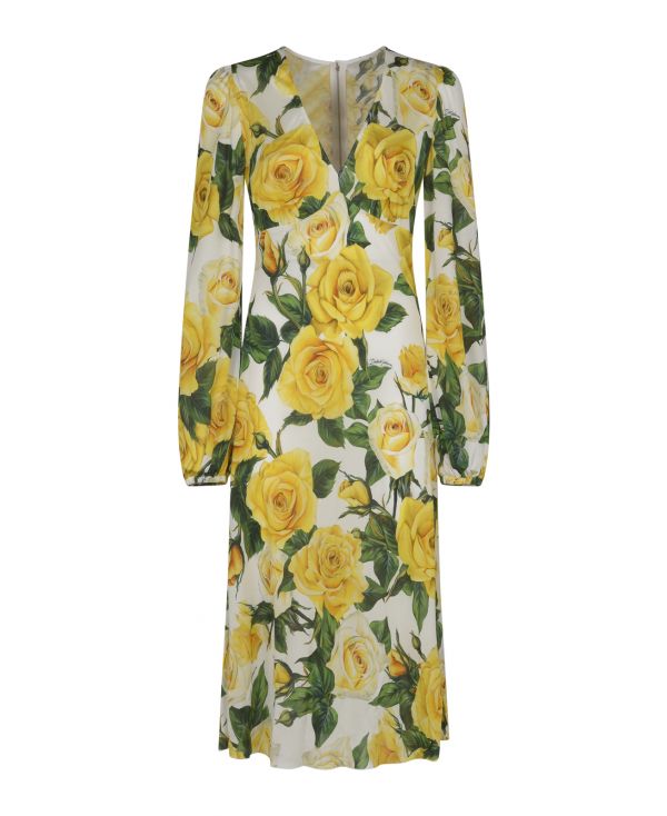 Midi dress with v-neckline in organdy and yellow rose print