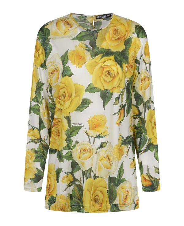 Long-sleeved blouse in organdy and yellow rose print
